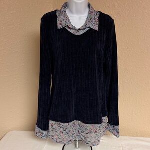 4/$15 Floral Trim Navy Long Sleeve Sweater
